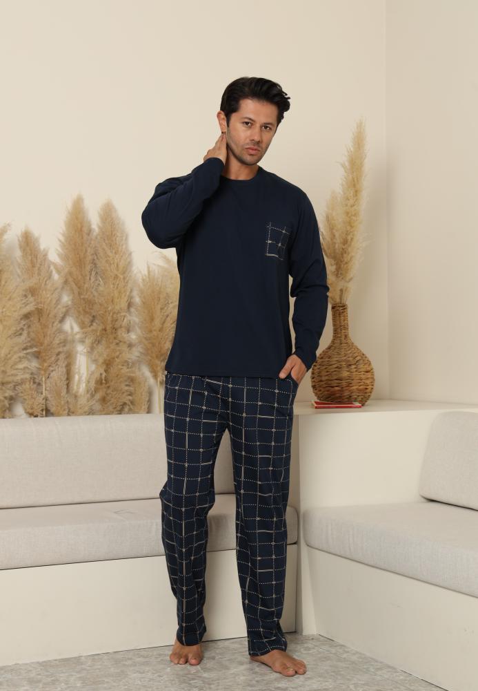 Pijama Barbati ,Maneca si Pantaloni Lungi,Culoare Bleumarin cu Crem ,Engros